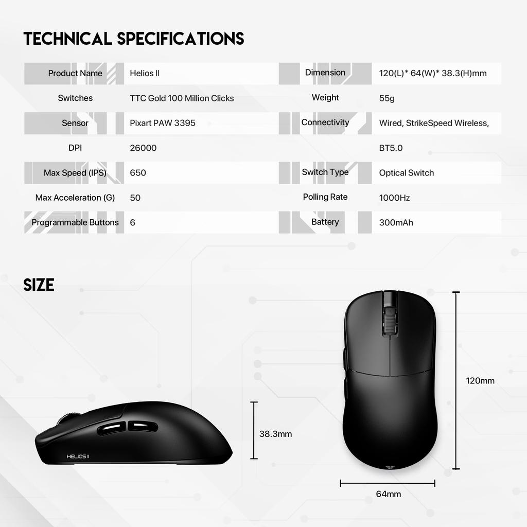 Fantech HELIOS II PRO 1K Wireless Gaming Lightweight PixArt 3395 6 TTC Gold Optical Included Soles and Grip White Wired/2.4GHz Mouse, (55g), Sensor,