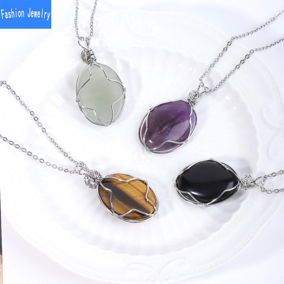 European and American fashion natural crystal stone denier-shaped hand-wound pendant amethyst tiger eye stone necklace jewelry