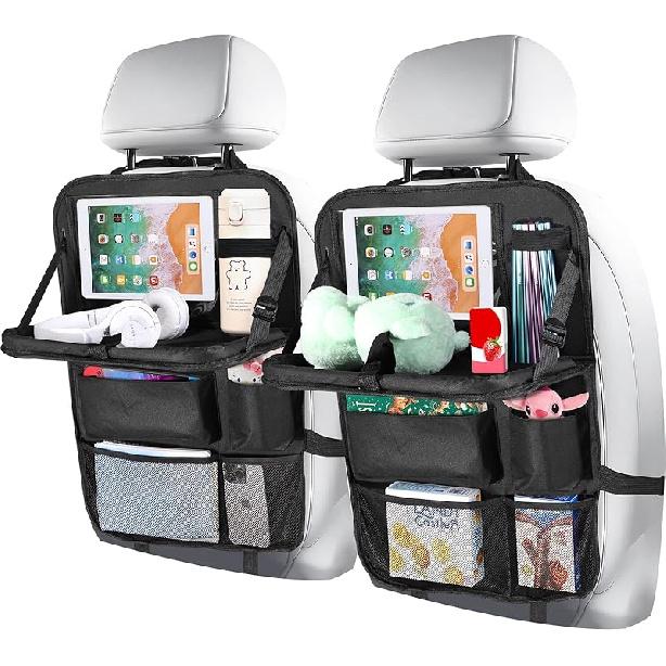 Backseat Car Organizer With Touch Screen Tablet Holder, Storage Pockets, Foldable Food Tray, Kick Mats Back Seat Protector, Travel Accessories For