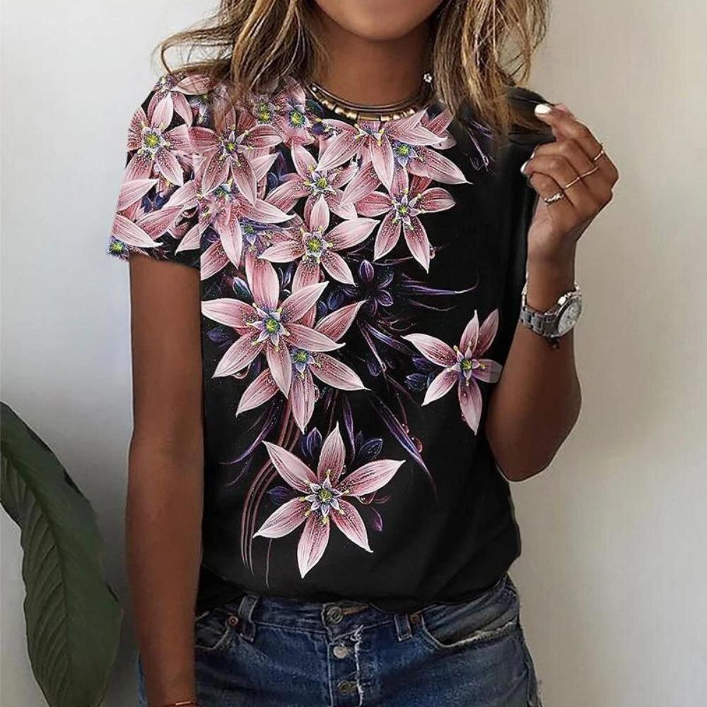 

3D Floral Print Women s Casual and Fashionable Round Neck Short Sleeved T-shirt 6XL