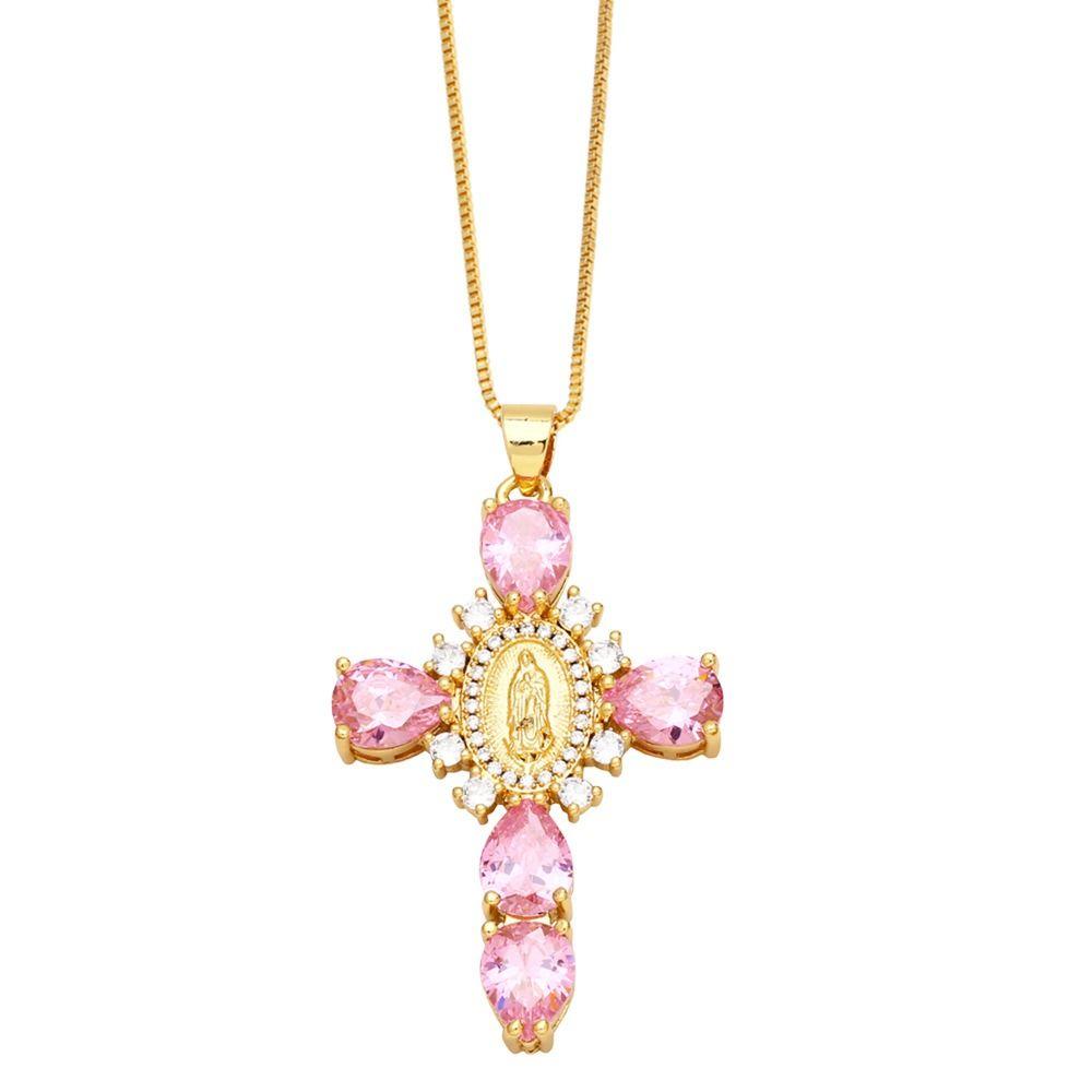 Light Zircon Cross Necklace Retro European Style Crucifix Pendant Chain  Church