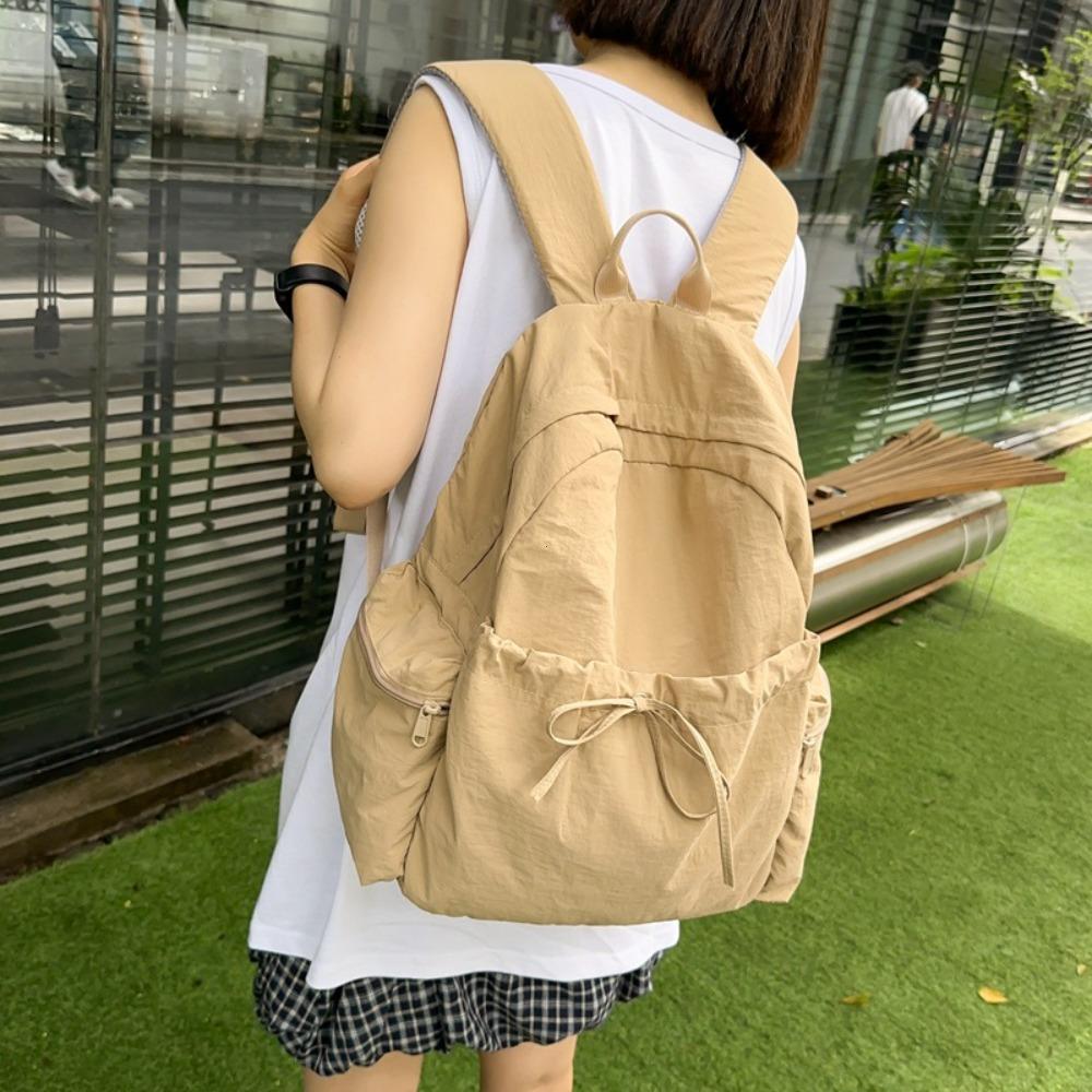New Student Backpack Women's Japanese Style Lightweight and Fashionable Backpack Solid Color Simple Bow Casual Travel Backpack