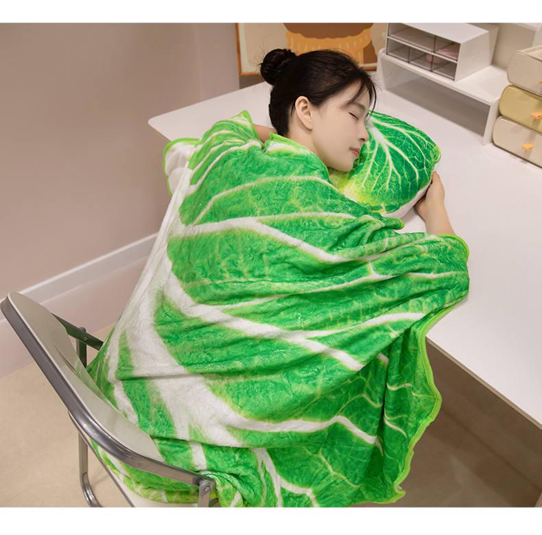 Cartoon Cabbage Watermelon Duck Egg 2-in-1 Flannel Hug Pillow & Nap Blanket