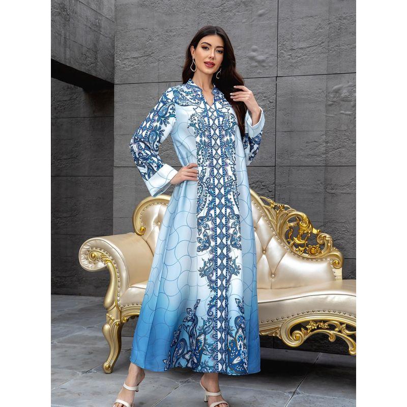 Middle East Cross Border Women clothes Dubai Robe Leopard Print Print Beads Hot Drilling Arab Length Plus size dresses Dress