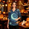 Women's Uniform with V-Neck and Pockets, Side Slit, Three-Quarter Sleeves, Halloween Print