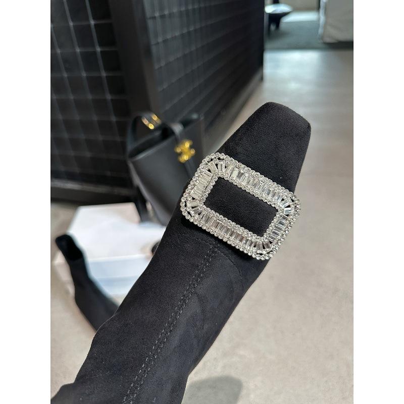 2025 strass fyrkantig spänne mocka små korta stövlar för damer höst och vinter nya platta klackade stövlar, sammet mångsidiga fyrkantig tå korta stövlar