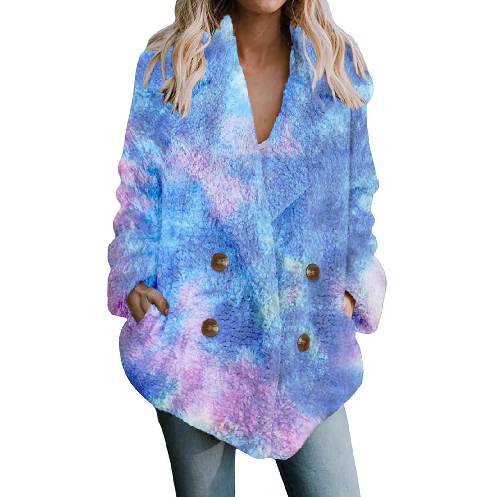 

Женское осенне-зимнее свободное пальто с принтом тай-дай, прострочкой, длинными рукавами, двубортным карманом и плюшевыми лацканами L синий