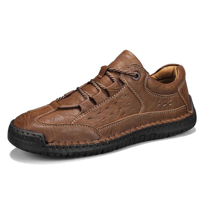 Men s Handmade Leather Lace-up Casual Shoes - 2025 Spring/Autumn, Breathable, Large Size, Flat Driving Design 47 хаки