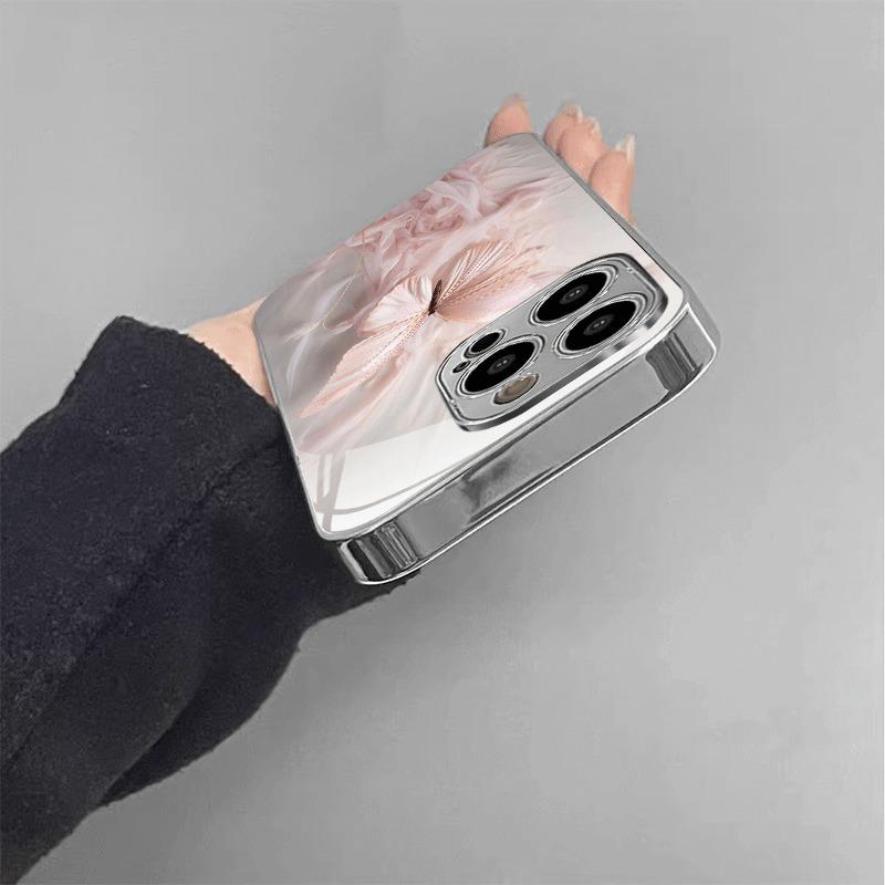 Rožinis drugelių raštas, dengtas sidabru, stiklinis telefono dėklas, skirtas iPhone 17 16 15 14 13 12 11 Pro Max 14 15 Plus 16E 17 Air Cover