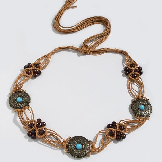 Bohemian-Stil Verstellbarer Taillengürtel mit dekorativen Metallscheiben und Perlen-Makramee-Design für Damen und Mädchen Modeaccessoire
