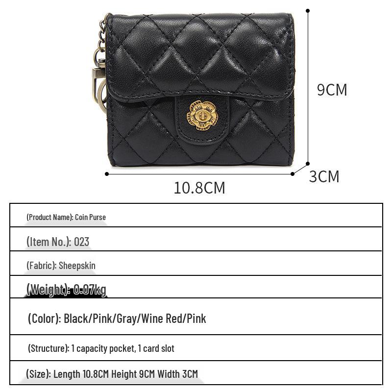 Women's Genuine Lambskin Camellia Coin Purse: Diamond Stitch, Multi-Card Slots, Small Retro Wallet