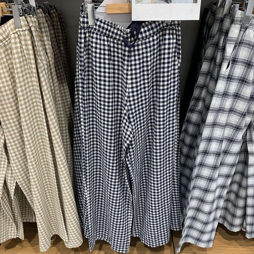 Japanese Women's Plaid Seersucker Elastic Waist Straight-Leg Pants, Spring/Summer 2025 Collection.