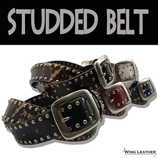 WING LEATHER Italian Leather Casual Belt, Genuine Leather, Cowhide, Studs, Men's, Black, White, Dark Brown, Red, 40mm, Distressed Finish, GTC004BK