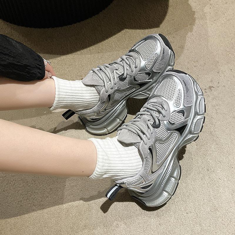 Thick-soled heightening dad shoes women's spring 2025 new silver breathable lightweight casual sports shoes children's fashion