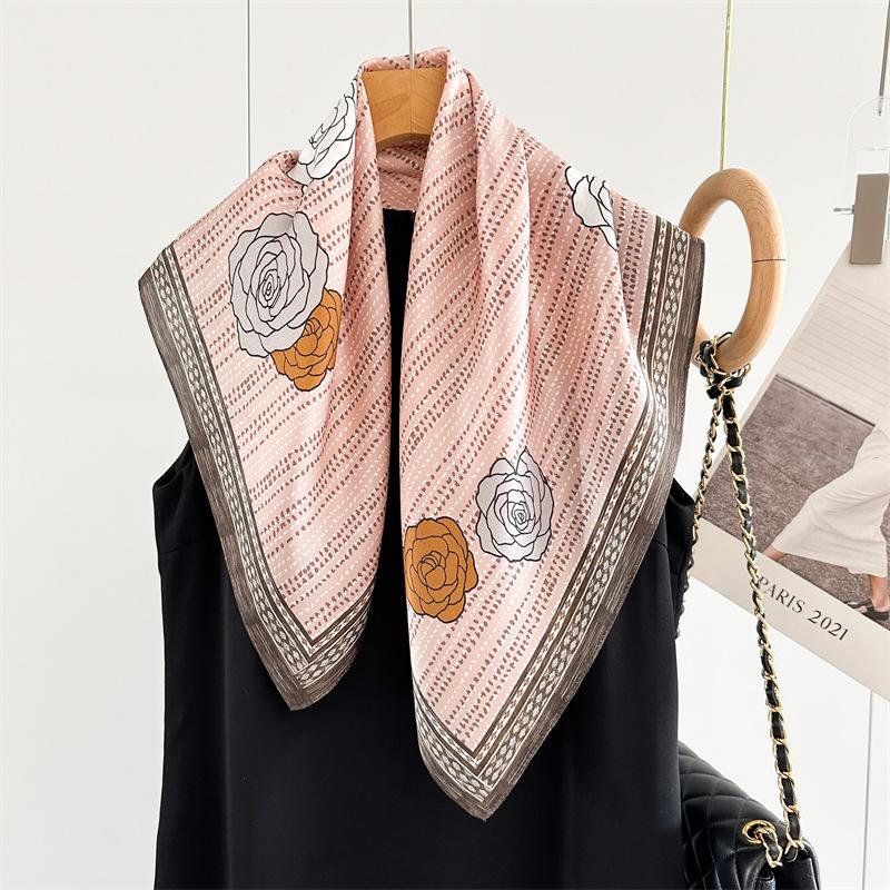 Elegant Pink Camellia Chain Printing 100% Silk Mulberry Scarf Shawl for Women Fashion Accessory Bandana New Square Scarfs