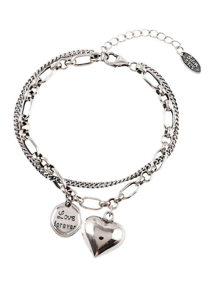 

Браслет из стерлингового серебра 925 пробы с двойным слоем в виде сердца и буквы: Женский японский корейский стиль, тайский ретро-дизайн. 925 Silver