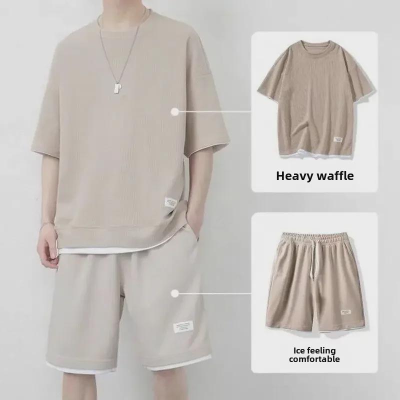 Hong Kong Style Men's Large Ice Silk Waffle Sports Leisure Set - Short-Sleeve T-Shirt & Shorts
