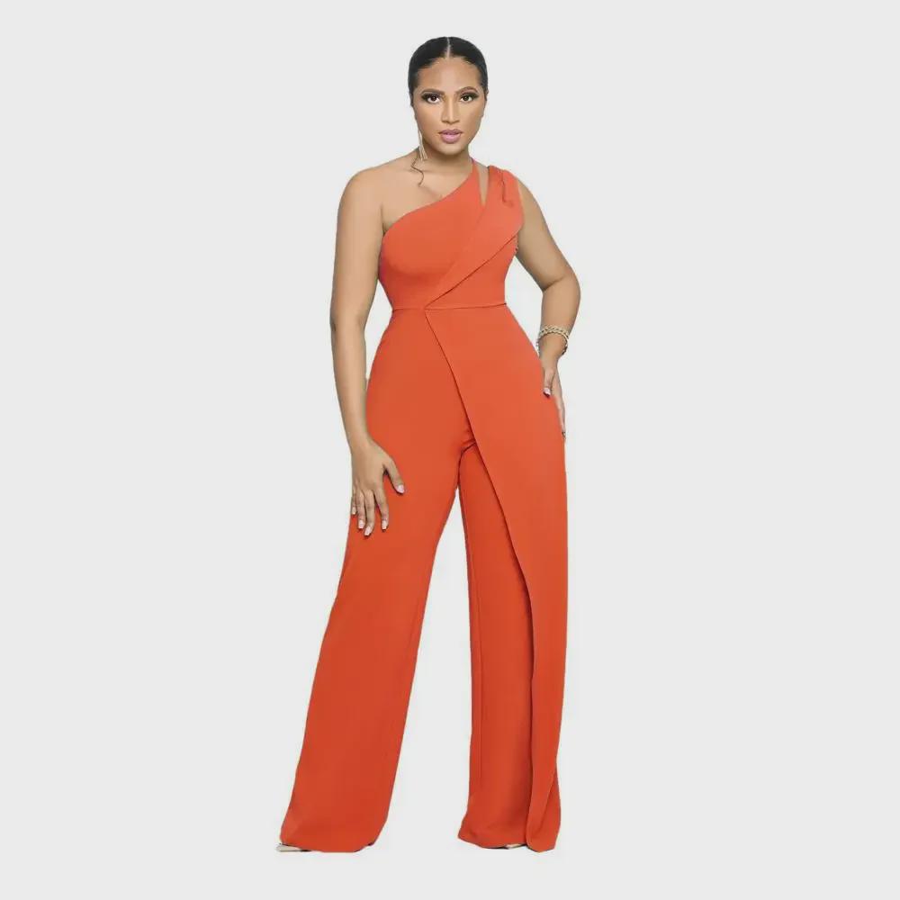 9904 European & American Sexy Sleeveless One-Shoulder High Waist Straight Jumpsuit
