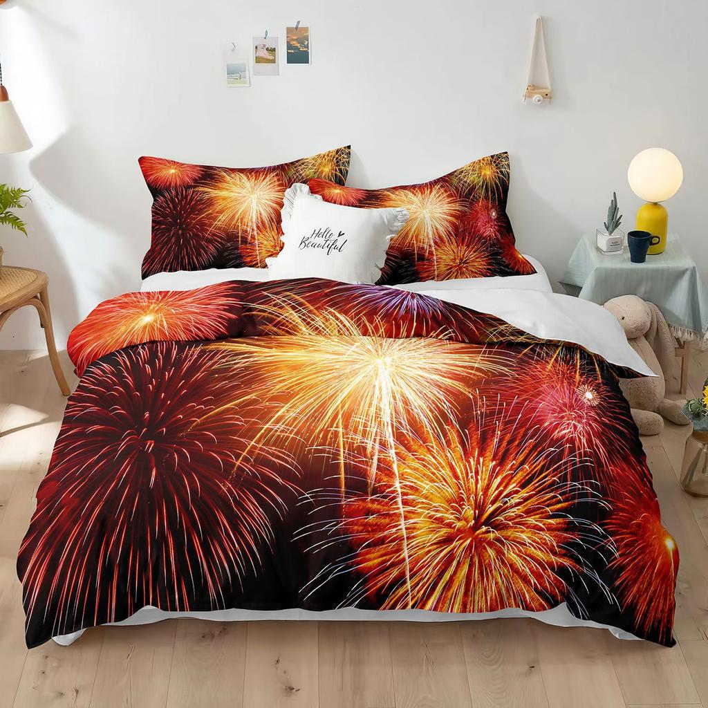 Blue Fireworks Duvet Cover Set 3D Romantic Theme Beautiful City Night New Year Festival Accessories for Kids Teens Bedroom Decor