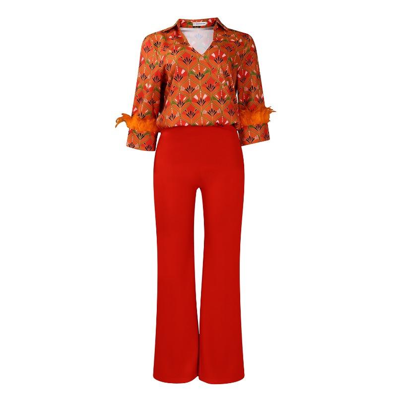 Women's Plus Size Printed Long Sleeved Shirt Temperament Elegant Wide Leg Pants Fashion Suit