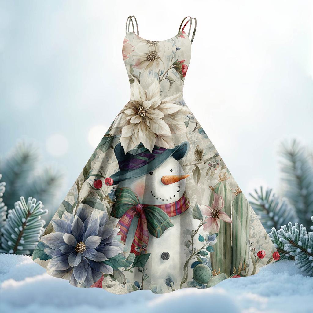 Women's Christmas Print Casual Fashion Round Neck Mid-Length Dress