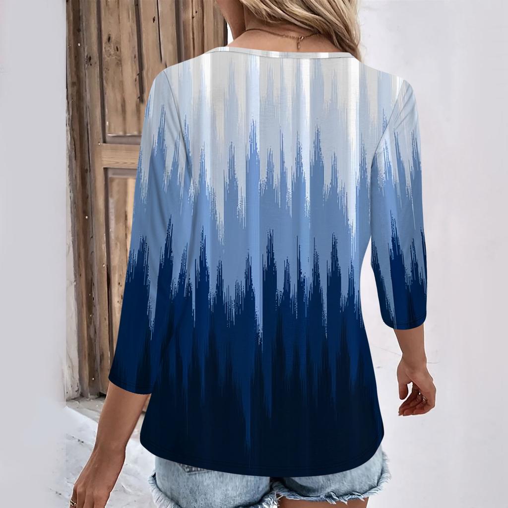 Womens 3/4 Sleeve Daily Weekend V Neck Casual Printed Tshirts Loose Fit Pleated Tees Ladies Blouse