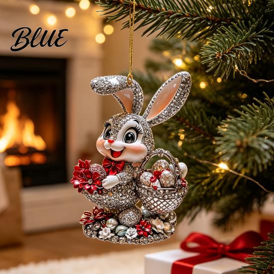 Indoor Outdoor Holiday Hanging Ornament Easter Bunny Acrylic Pendant Cute Rabbit with Basket 2D Car Lightweight Figurine Rearview Mirror Ornament,