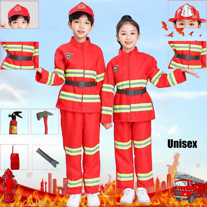 Dziecięcy strój strażaka do przebierania czerwony poliestrowy zestaw kostiumowy strażaka z paskiem i czapką z daszkiem