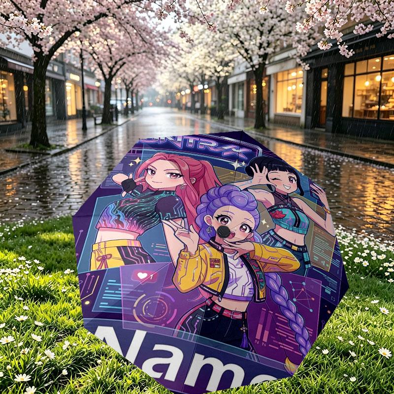 Custom Name Personalized Demon Hunters Kpop Print Umbrella, Auto Open Close, 8‑Rib Sturdy Frame, Commute Camping Hiking Use, Birthday Gift
