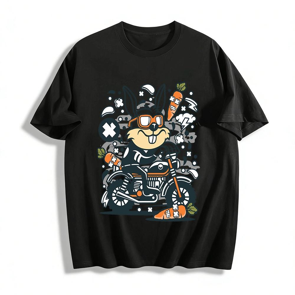 

Cool Motorcycle Rabbit Graphic Tee Unisex Casual Crewneck Top Pure cotton T-shirt XXS
