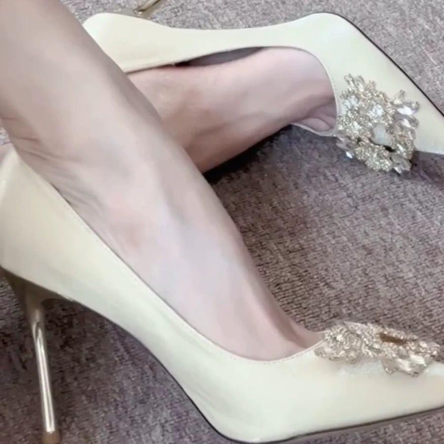 Rhinestone pointed high heels New Year's fairy temperament thin heel square buckle single shoes wedding bride shoes