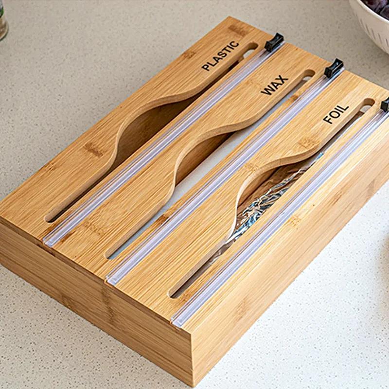 Wooden Cling Film Cutter Three Way Cling Wrap Dispenser Wall Mounted Kitchenware Multi Compartment Multi Layer Hidden Scratchers