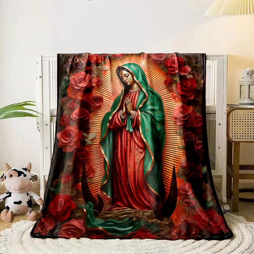 A religious figure with a radiant backdrop, surrounded by red roses. for all seasons blanket lunch break throw gift 80cm x 120cm