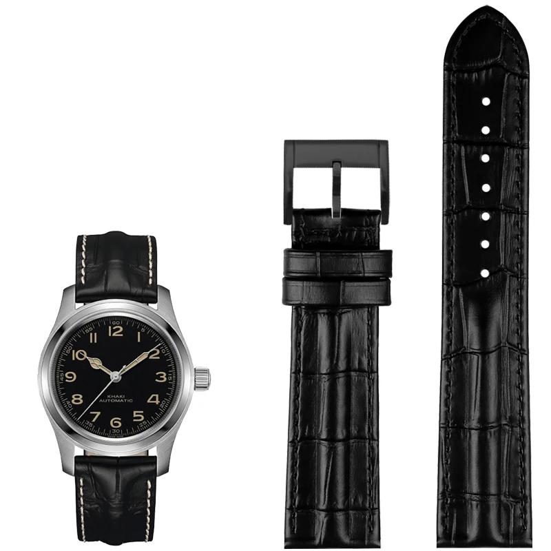 For Hamilton Genuine Leather WatchBand Khaki H7060573 Cowhide Bracelet Crocodile Skin Texture Strap 20mm 22mm Men's Black Brown