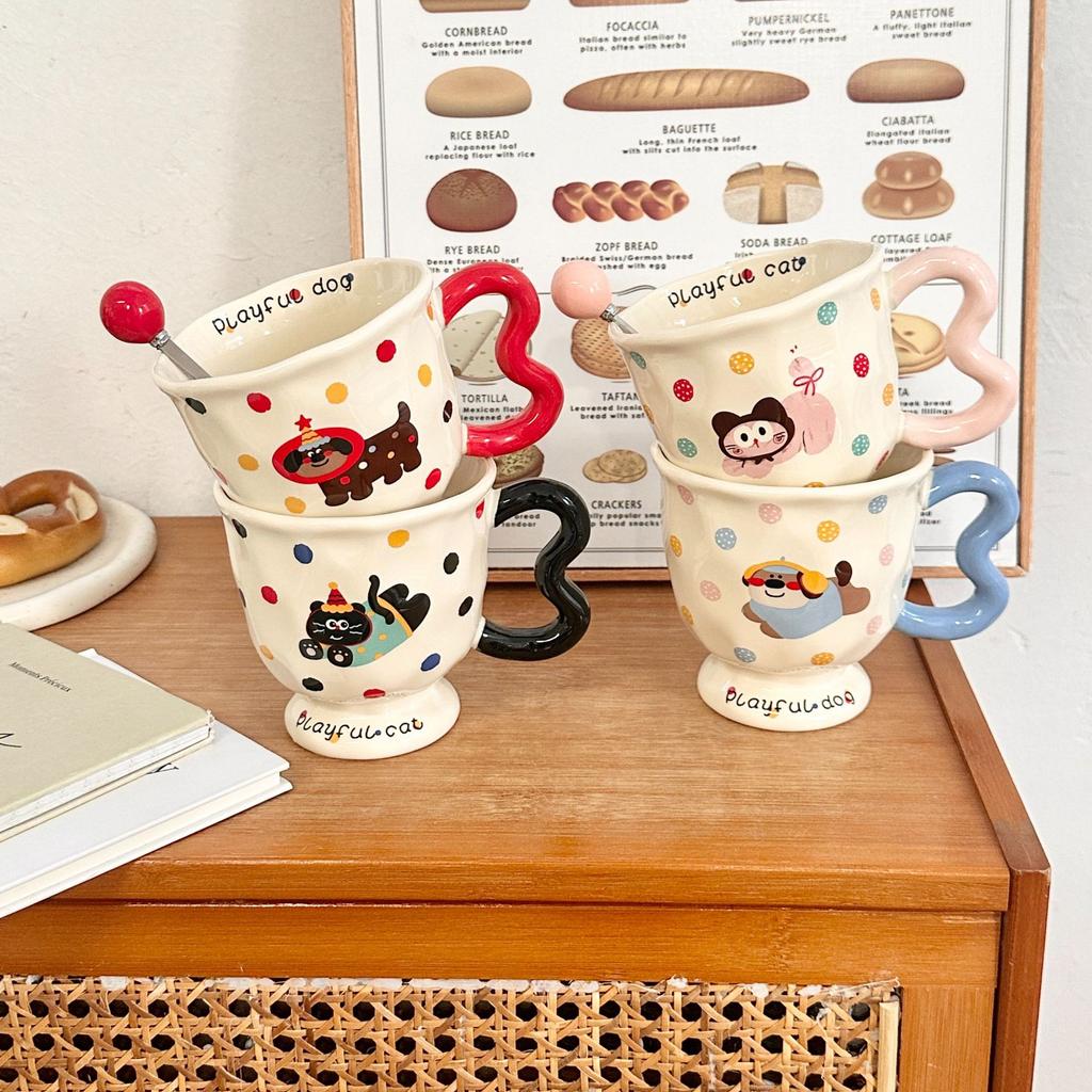 Ins Wind Puppy Mug with Lid Spoon Goblet Ceramic Water Cup Girls Cup Office Coffee Breakfast Cup Cup