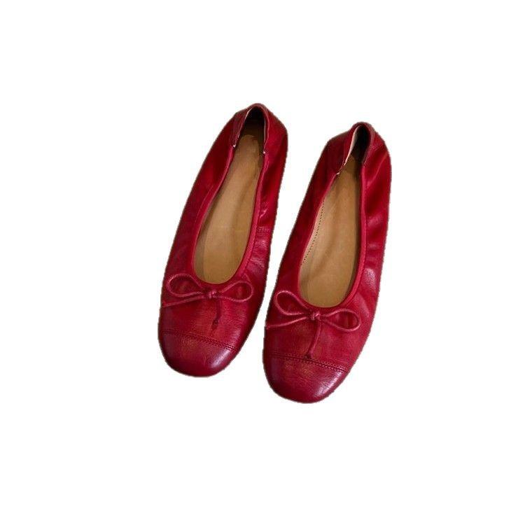 Sheepskin version~ retro light-mouth ladyshoes women's one-pedal soft leather soft-soled grandma shoes retro flat-soled leather small single shoes