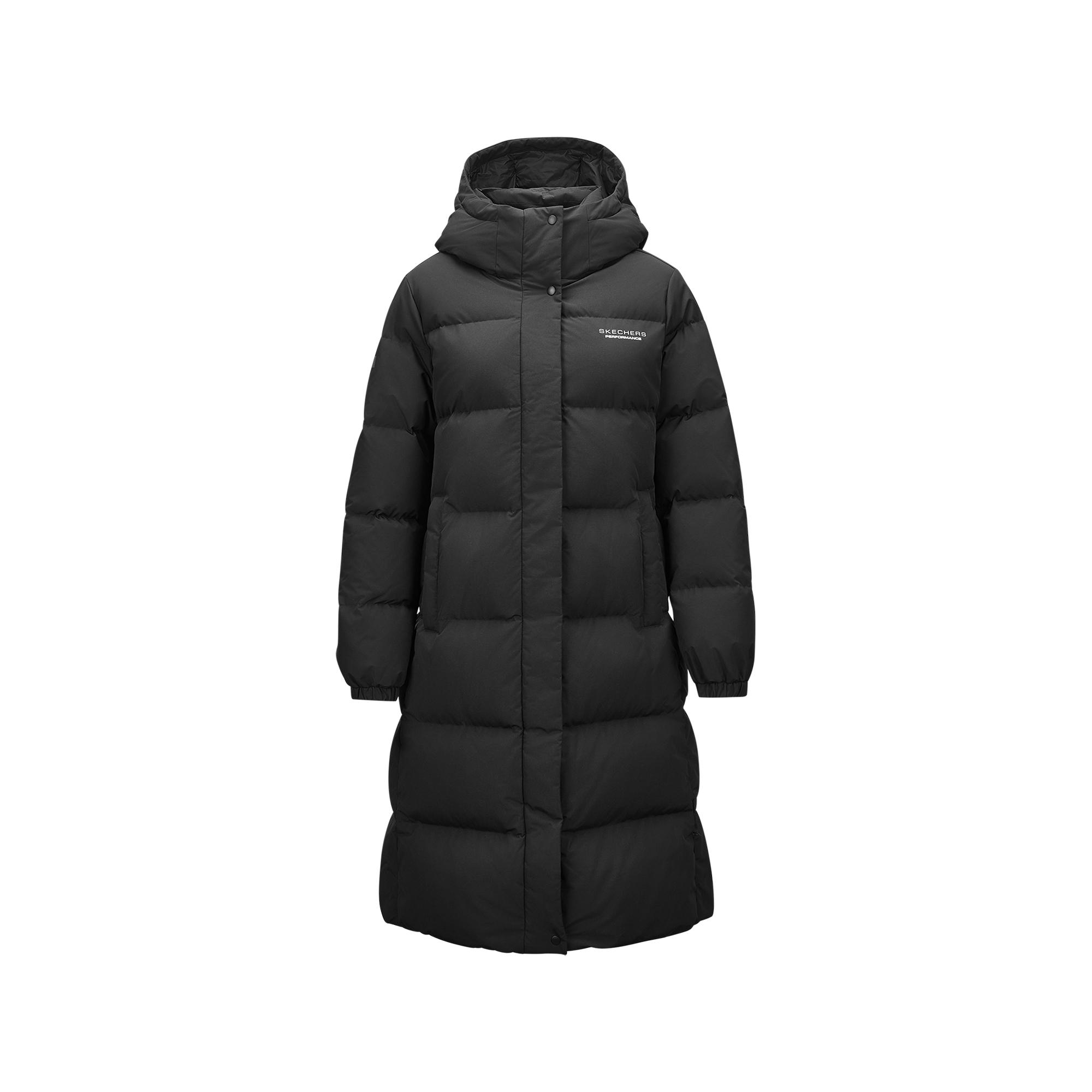 Skechers Windproof Waterproof Oil Resistant Warm Insulated Durable Long Hooded Down Jacket Women outerwear Carbon-Black P424W061-0018 S