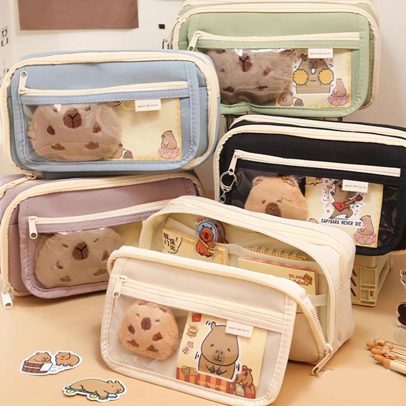 Large Capacity Pencil Bag Capybara Cartoon Stationery Holder Bag With Brooches Stickers Clips Keychains Children Pen Case