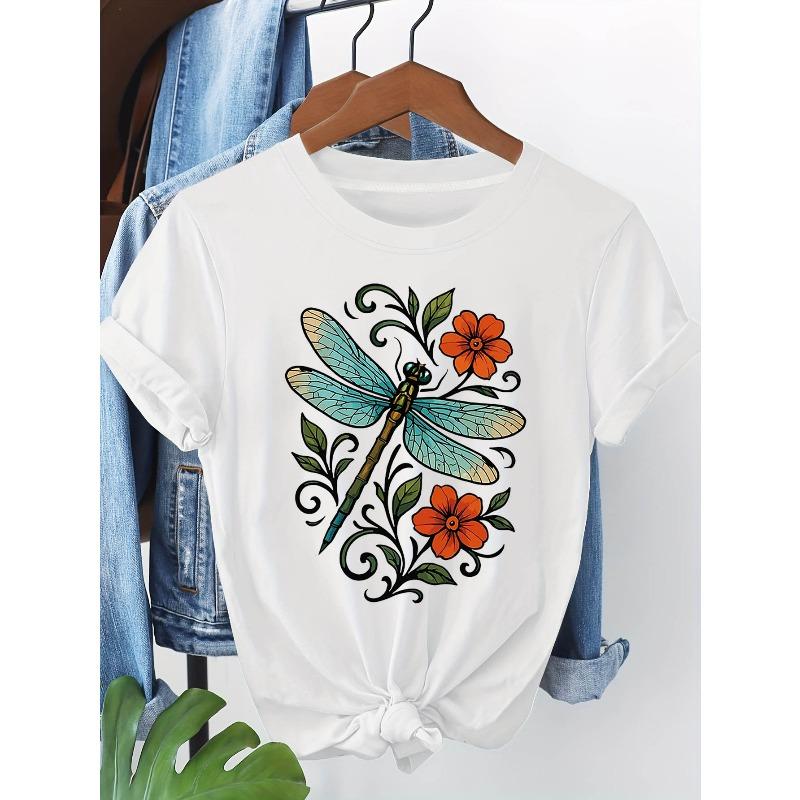 

Women s Dragonfly Flower Theme T-Shirt - Painted Dragonfly & Flower Decor Casual Short Sleeve, Blue-Orange Retro Dynamic Nature Lover Daily Top S белый