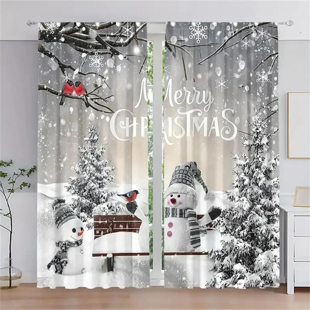 2pc,Christmas Ball Pine Leaves Curtain,With Rod Pocket Mount,Digital Printed Curtains,Polyester Material,For Living Room Bedroom