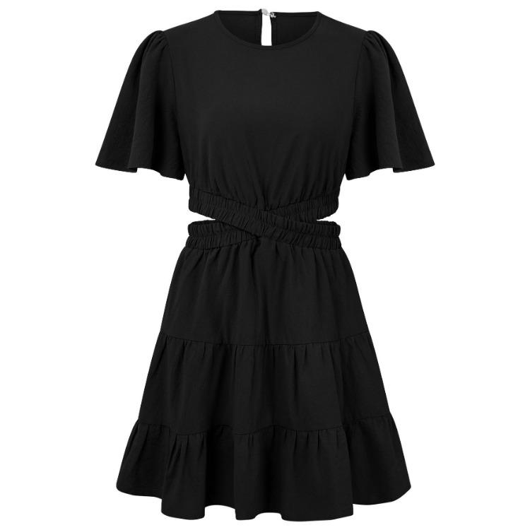 Women Summer Casual A-Line High Waist Short Sleeve Dress Solid Color O-Neck Above Knee Dresses Spring S-XL