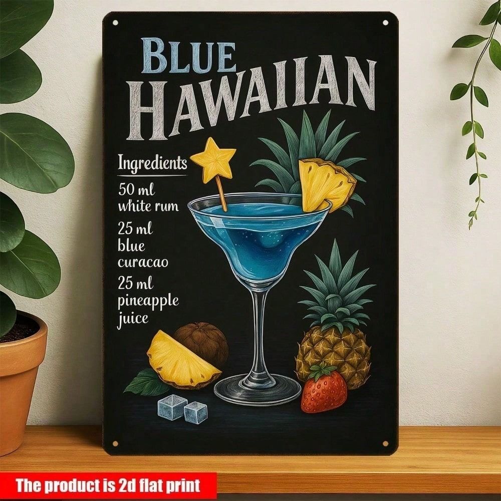 Metal Wall Art Blue Hawaiian Cocktail Retro Tropical Poster for Bar