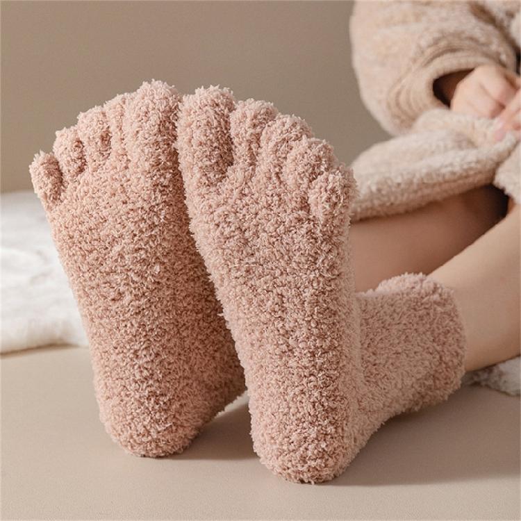 Womens Fuzzy Plush Slipper Socks Warm Coral Fleece Solid Color Five Finger Socks