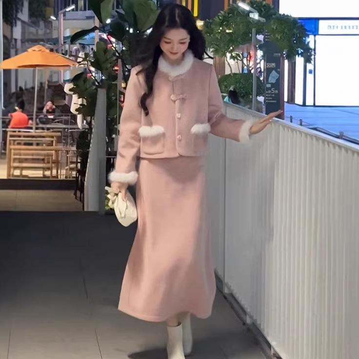 New Fur Collar Woolen Coat & Skirt Set - Autumn/Winter Rich Girl Style