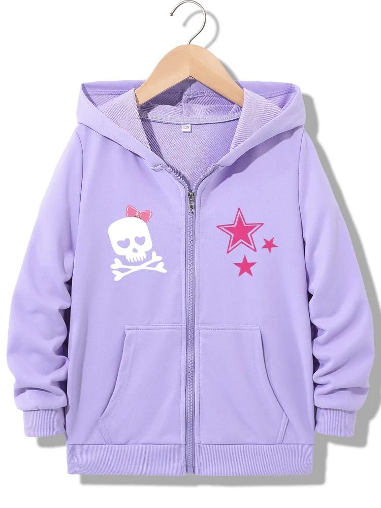 Girls Full Zip Hooded Sweatshirt Heart Eye Skull With Bow And Three Pink Stars Print Loose Daily Outerwear With Front Pocket