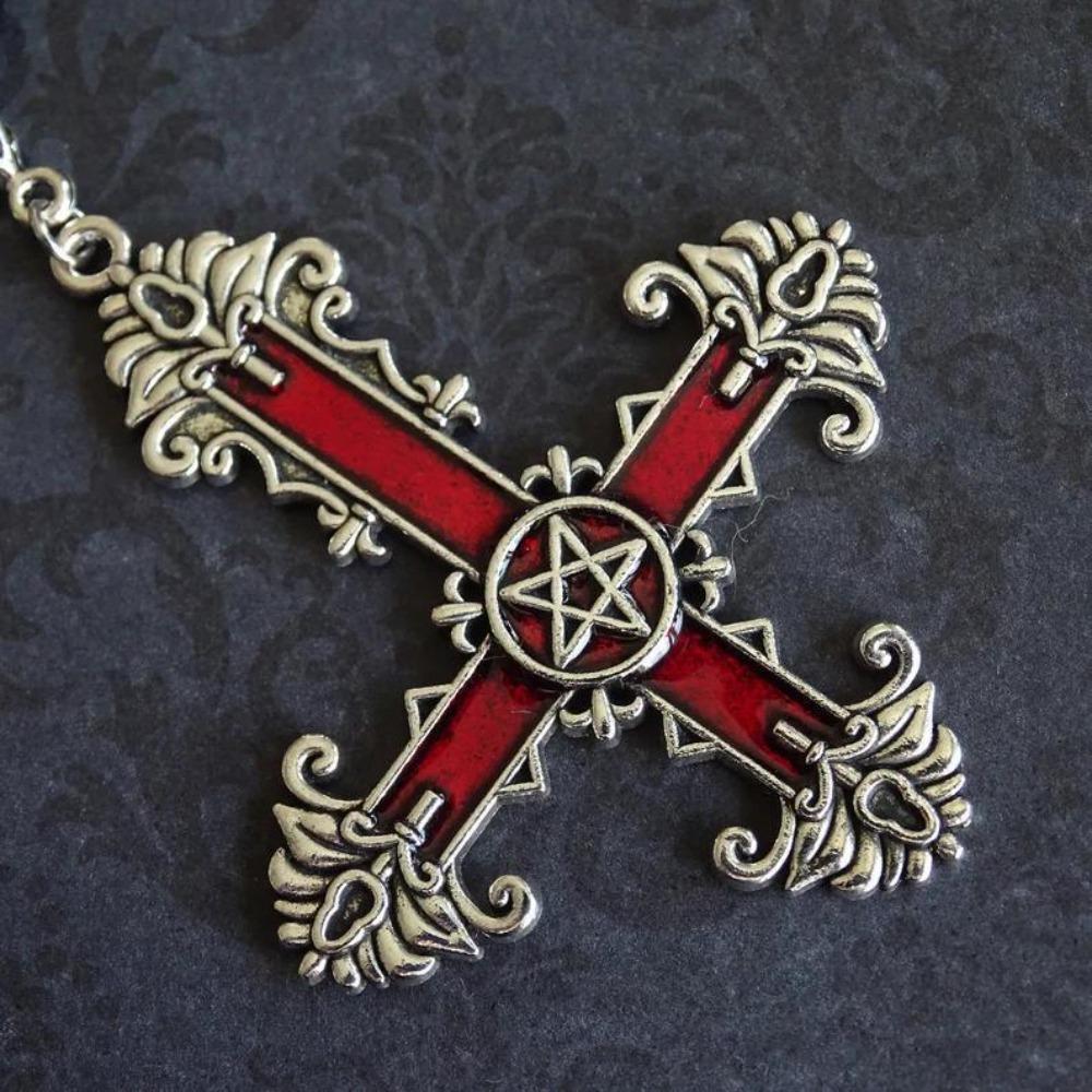 Retro Fashion Ancient Silver Carved Five-pointed Star Symbol Cross Pendant Necklace for Men Women Halloween Exquisite Jewelry