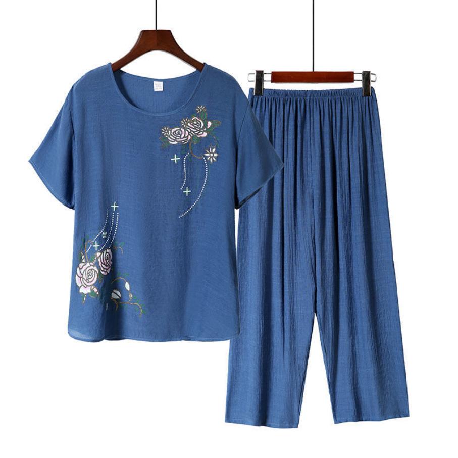 Dámské oblečení Květinový potisk Tričko Kalhoty Volný Dvoudílný Set Letní Domácí Set Outfit s krátkým rukávem pro střední věk