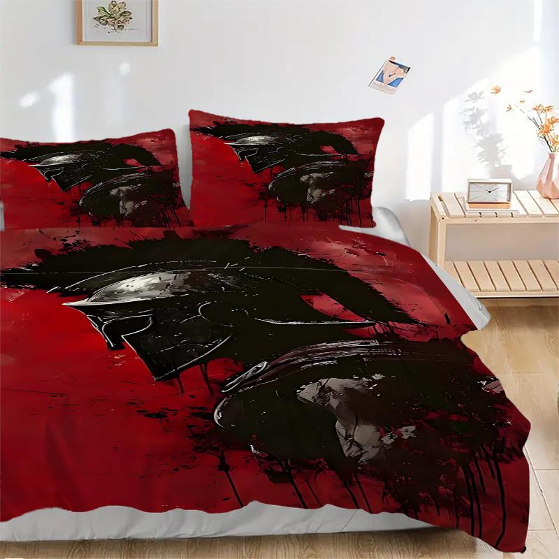 3pcs Spartan Helmet Art Print - Home Decor Gift, Anime Design Bedding Set with One Quilt Cover and Two Pillowcases (No Core), Polyester Fabric for Bed