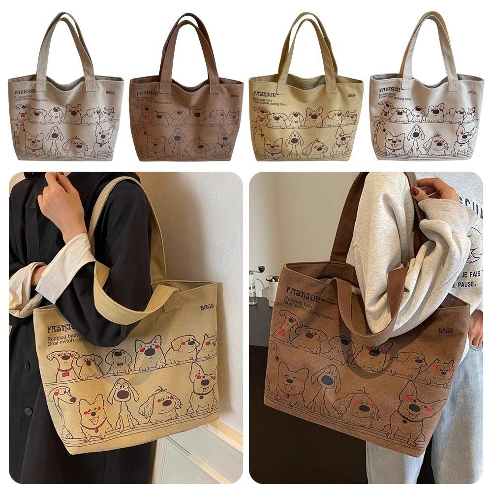 Cute Versatile Canvas Tote Bag Cartoon Dog Pattern Large Capacity Shoulder Bag Korean Style Women's Handbag for Women