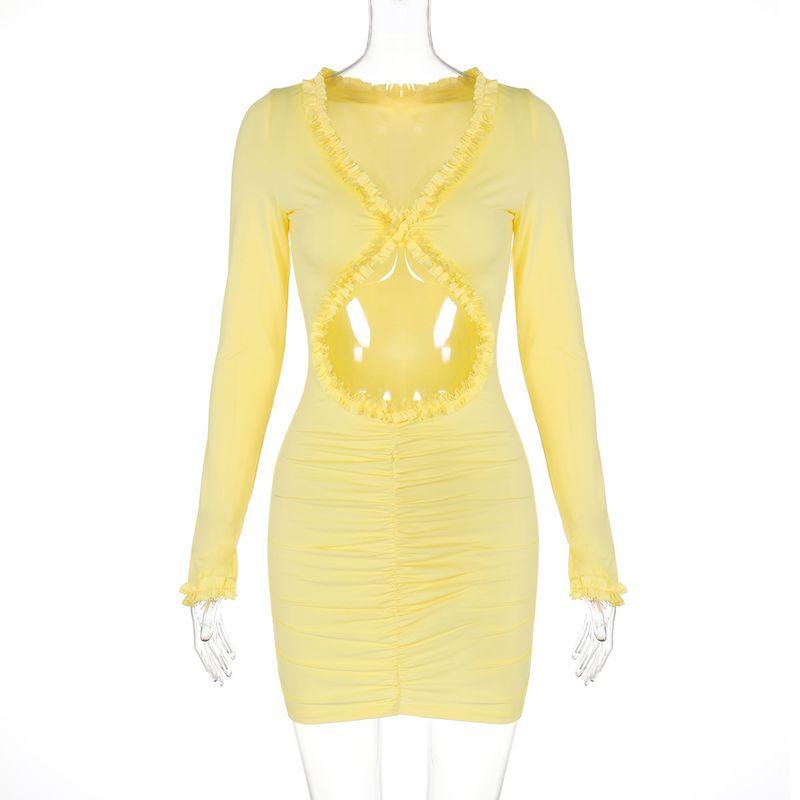 

Hollow out Navel Lace Wrapped Hip Dress Pure Color Cut Out Crop Top Lace Dress Yellow L